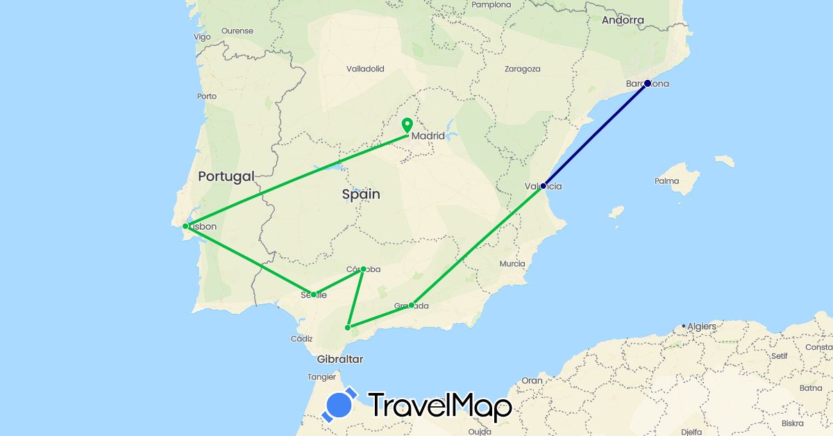 TravelMap itinerary: driving, bus in Spain, Portugal (Europe)
